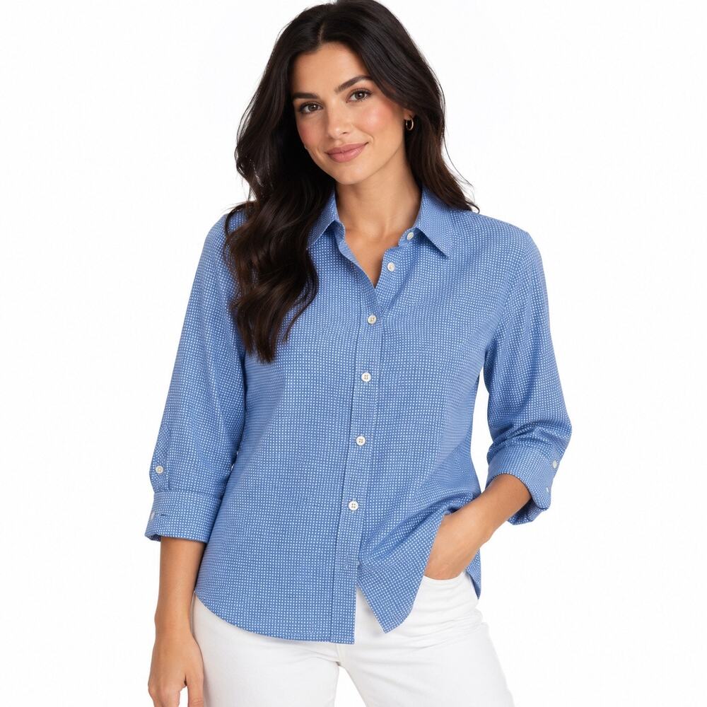 J. Crew Refined Stretch button up top blue with white dot pattern. women M